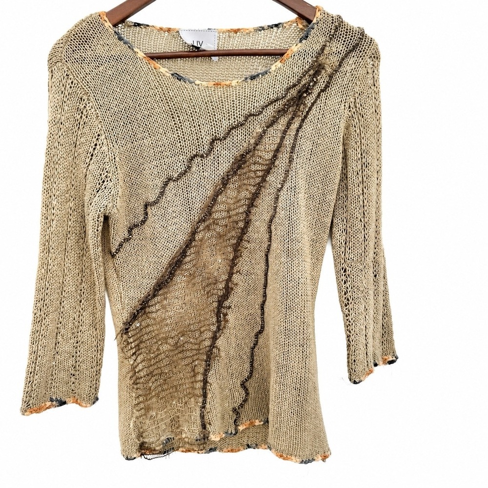 LIV Milano Women's Boho Beige Sweater With Sequin, Mesh Embellishment Size Large